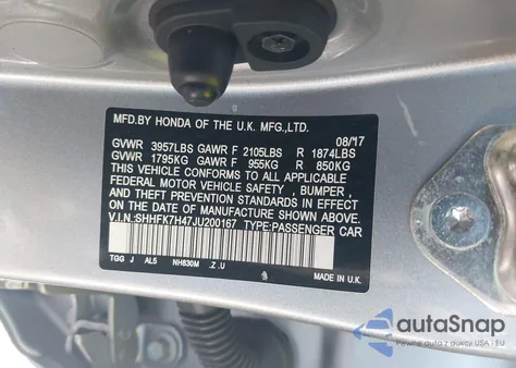 2018 Honda Civic Sport z USA, uszkodzony, nr VIN SHHFK7H47JU200167